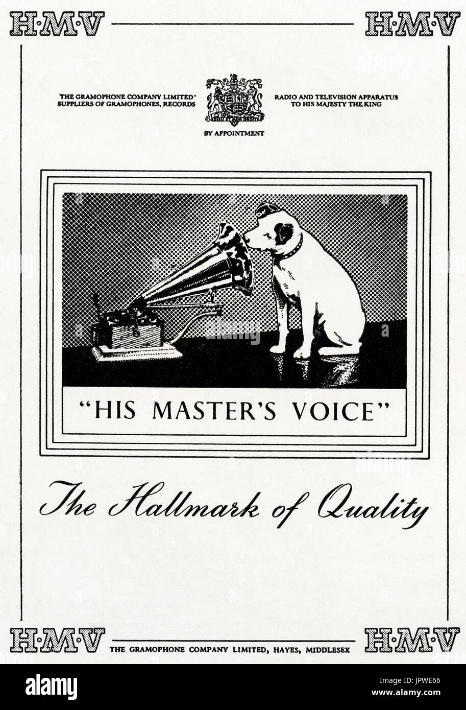 1950 antigua publicidad anuncio original vintage HMV la voz del amo gramophone company por nombramiento real de Su Majestad el Rey en revista circa 1950 Foto de stock