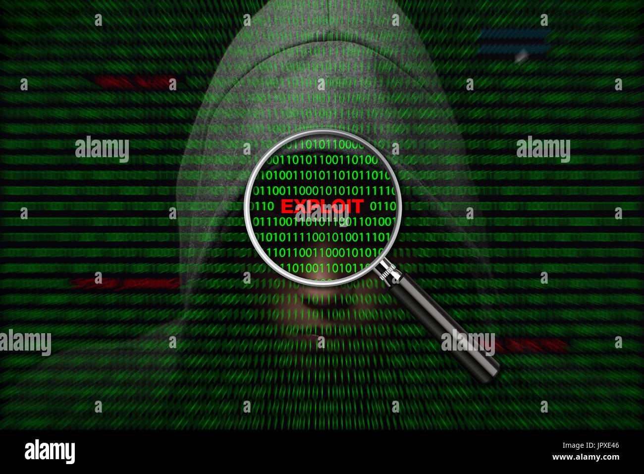 Hacker a través de una pantalla con código binario y explotar los mensajes de advertencia Foto de stock