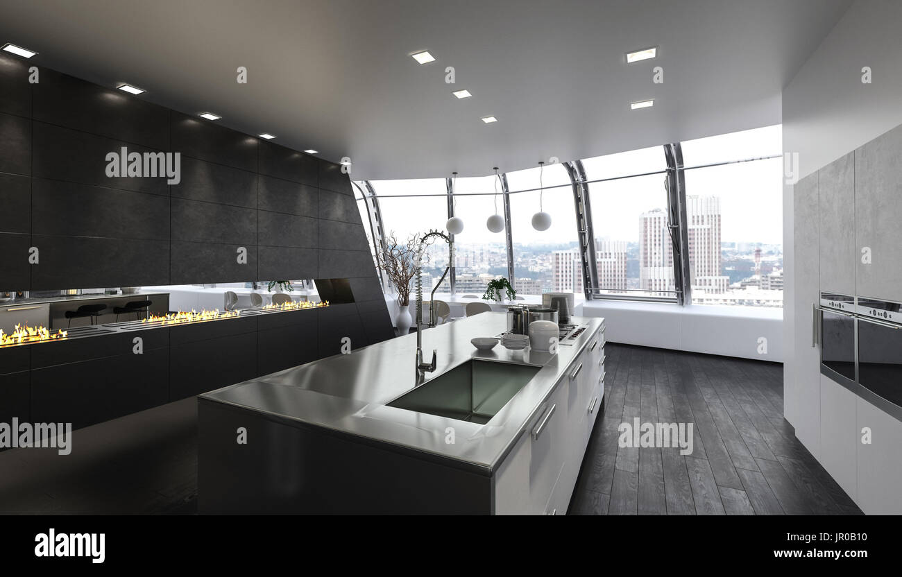 Limpiar La Cocina Moderna Isla En Lujoso Apartamento Con Ventanas Grandes Fotografia De Stock Alamy