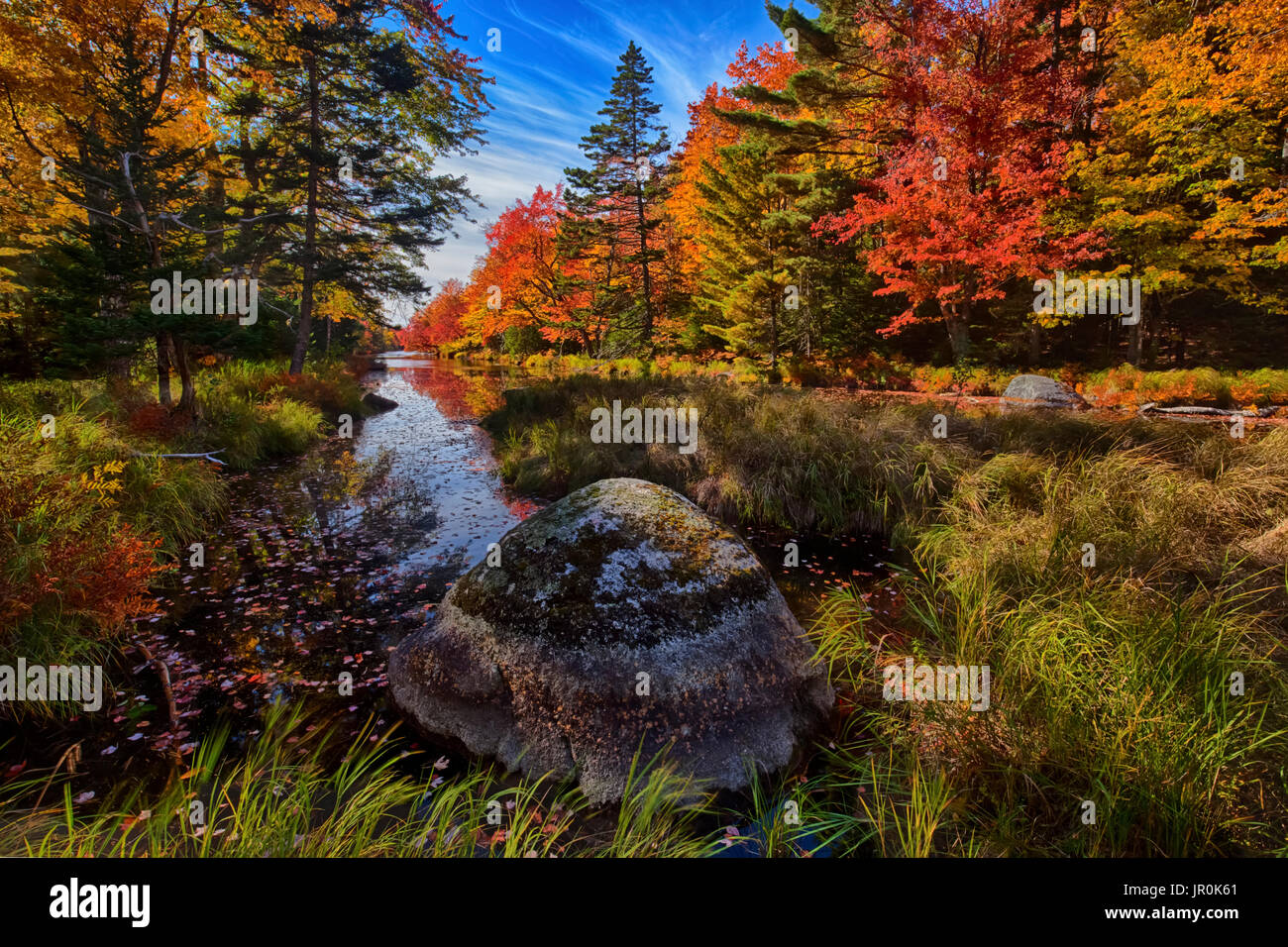 Tarde de otoño a lo largo del río, cerca de Westfield North Brookfield, Nova Scotia, Canadá Foto de stock