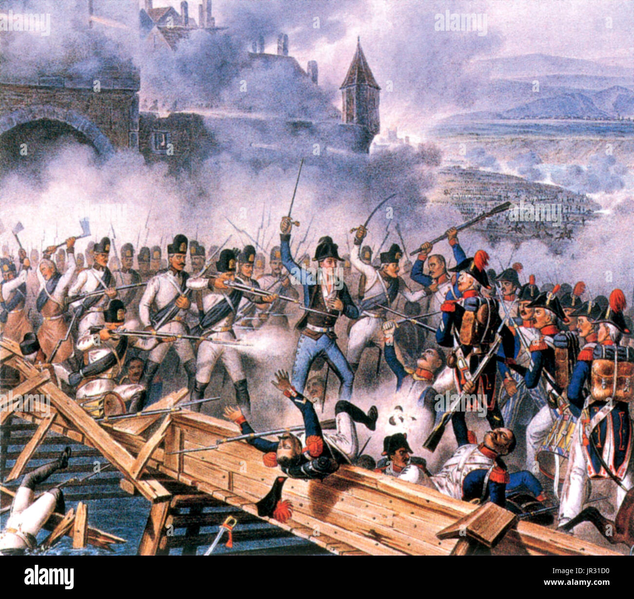 La batalla de Ebelsberg, conocida en francés cuentas como la Batalla de Ebersberg, se libró durante la Guerra de la Quinta Coalición, parte de las guerras napoleónicas. Separada de la principal ejército austríaco por las batallas de Abensberg y Landshut Feldmarschall-Leutnant Hiller se retiraron al este de Linz, con los tres cuerpos del ala izquierda. Los principales elementos del Mariscal Masséna's corps invadieron el protector trasero del Hiller en la orilla oeste del Traun en la mañana del 3 de mayo de 1809. En la ruta que siguió, la primera brigada de infantería francesa acometieron a los 1800 pies de largo puente y se metió en las calles de Ebelsberg. Mantener Foto de stock