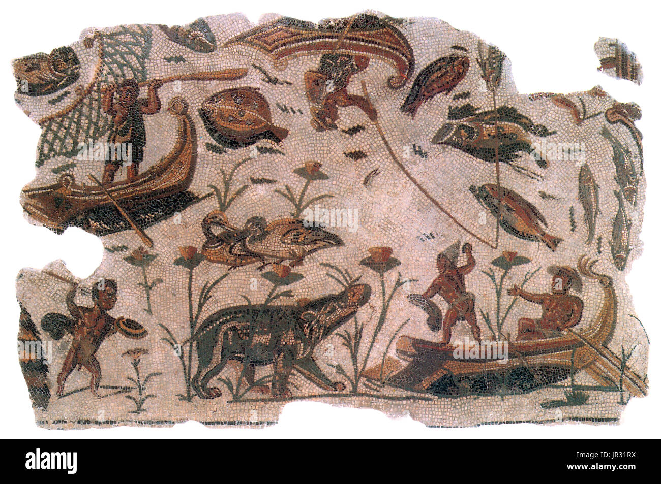El nilótico mosaico que representa los pigmeos cazando un hipopótamo. La civilización romana, siglo 3. Mosaicos Romanos se construyen de bloques geométricos llamados teselas, colocados juntos para crear las formas de figuras, motivos y patrones. Materiales para teselas fueron obtenidos de fuentes locales de piedra natural, con las adiciones de cortan ladrillos, baldosas y cerámicas, crear sombras de colores, predominantemente, azul, negro, rojo, blanco y amarillo. Polychrome patrones fueron más comunes, pero se conocen ejemplos de monocromo. Foto de stock