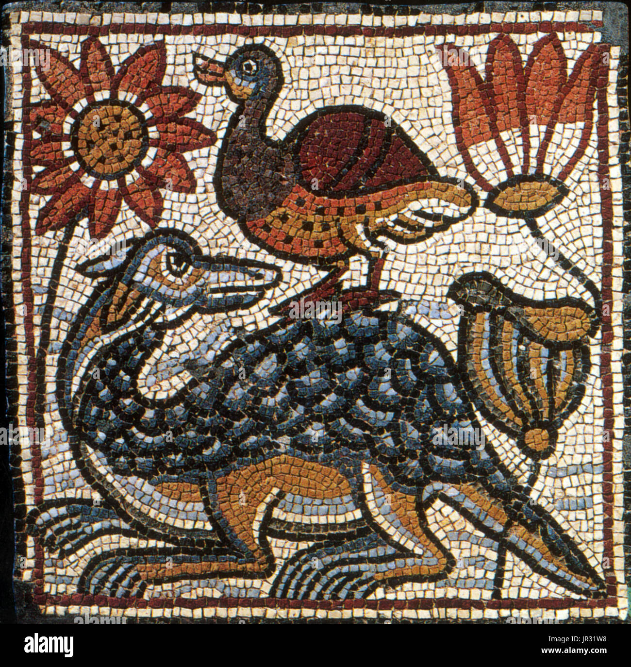 Mosaico bizantino, Pato y cocodrilo. (Moderno Theodorias Qasr Libia) era  una ciudad bizantina en la Cirenaica, fundado en 539 por el emperador  Justiniano y nombrado en honor de su esposa, la Emperatriz