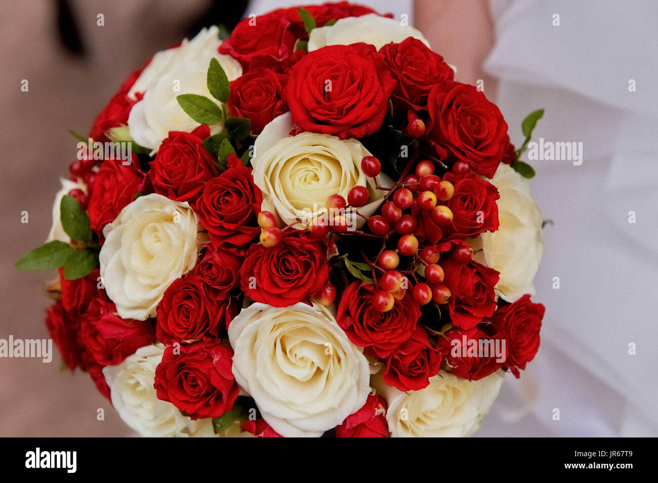 Flores de la boda, un ramo de rosas rojas y crema con bayas rojas.El ramo  de novia Fotografía de stock - Alamy
