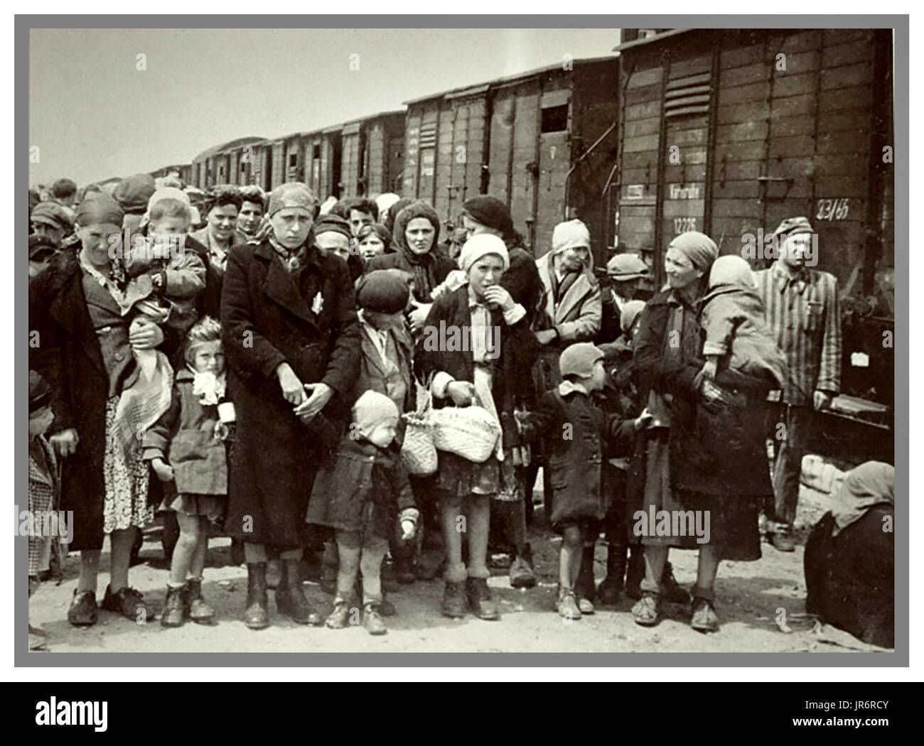 Mujeres y niños judíos de Auschwitz-Birkenau algunos llevaban designado  Nazi estrellas amarillas llegan en camiones de raíl básico a  Auschwitz-Birkenau, WW2 un campo de concentración nazi alemán. Los niños  judíos eran el