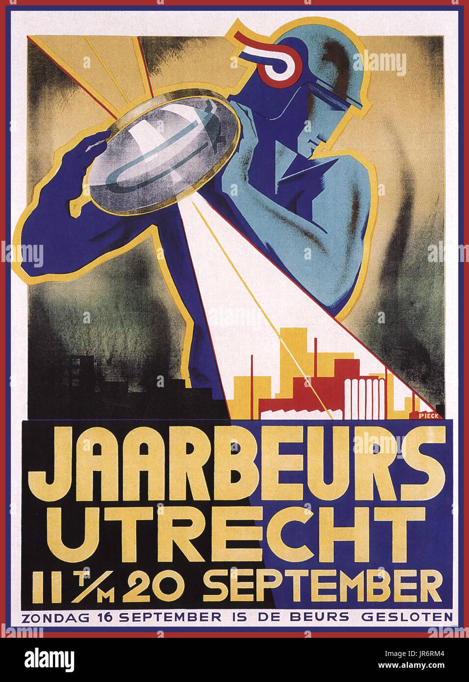 En la Feria de Utrecht Jaarbeeurs Art Deco Vintage Poster de un superhéroe futurista impreso en 1920's-1930's Foto de stock