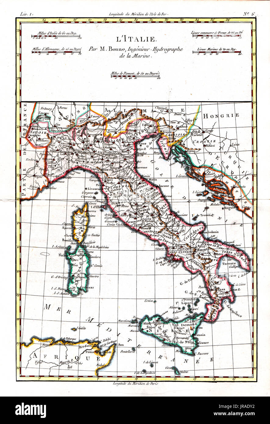 1780 Bonne Mapa antiguo de Italia Foto de stock