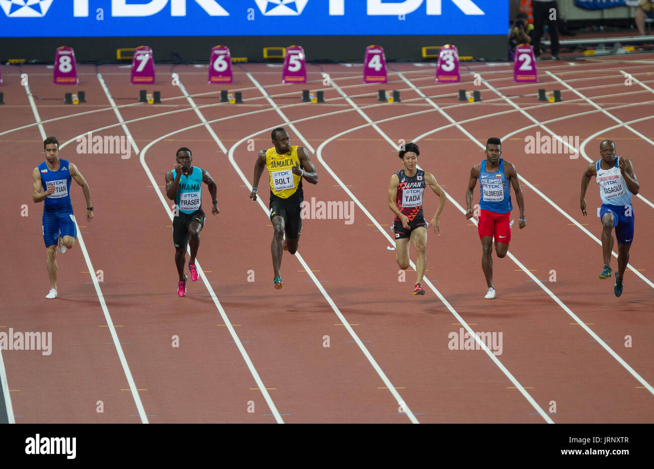 Londres, Reino Unido. El 5 de agosto, 2017. Rey Usain Bolt en la sexta serie de 100m en el Campeonato Mundial de la IAAF en 2017, Queen Elizabeth Olympic Park, Stratford, London, UK Credit: Laurent Lairys/Agence Locevaphotos/Alamy Live News Foto de stock