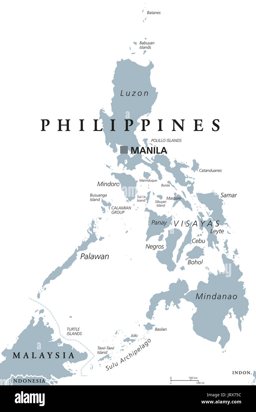 El mapa político de Filipinas con la capital, Manila. Rótulos En inglés. República y soberano país insular en el sudeste de Asia, en el Océano Pacífico. Foto de stock