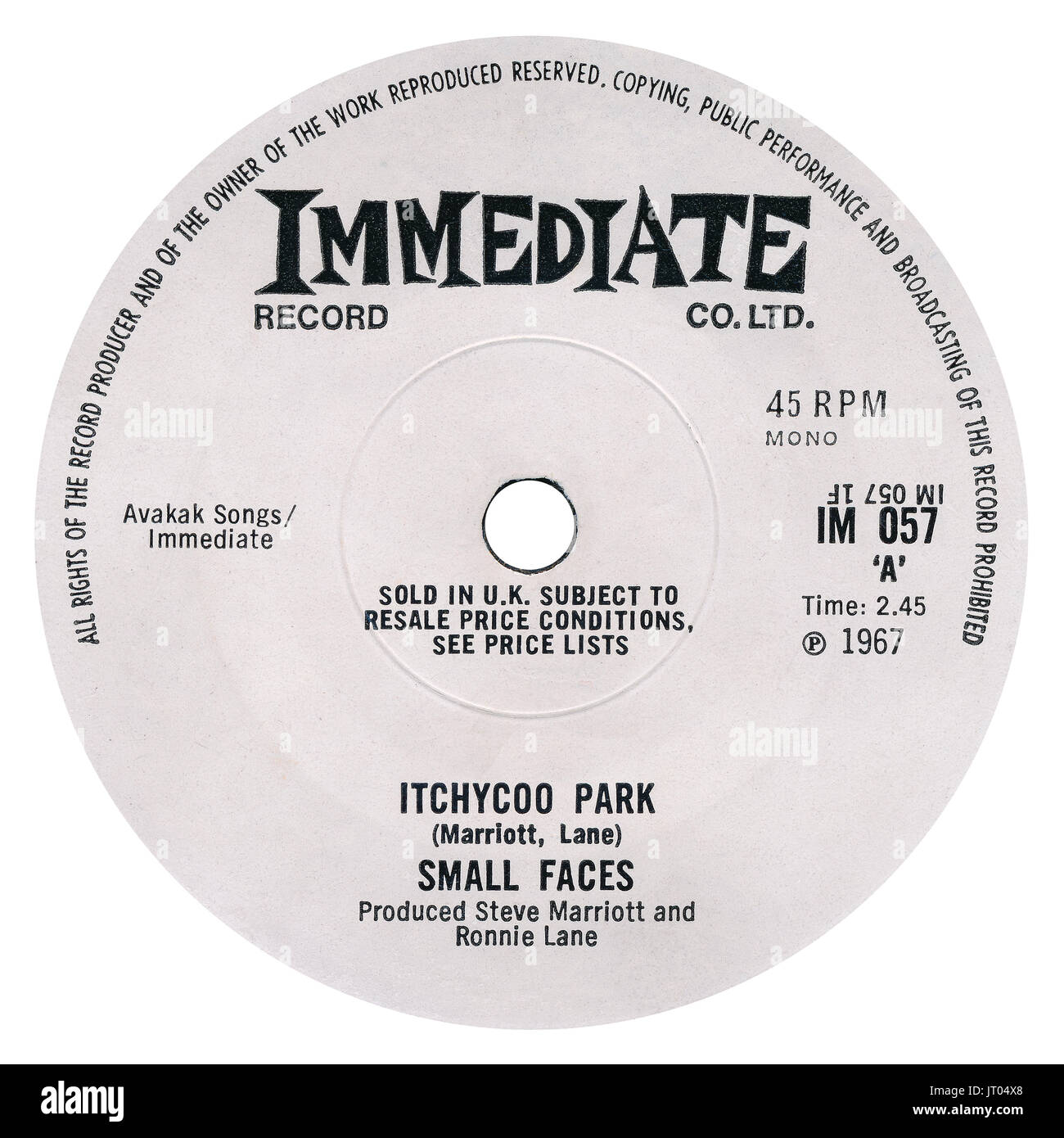 45 RPM 7' UK discográfica de Itchycoo Park por Small Faces inmediata en la etiqueta desde 1967. Foto de stock