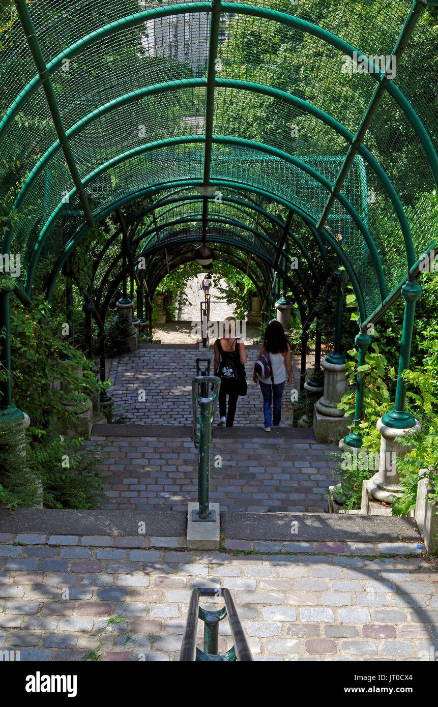 Parque de Belleville, París Francia, larga escalera de ladera, con arcos enrejados y siembra densa, casi exactamente en la línea de rueVilin, en Foto de stock