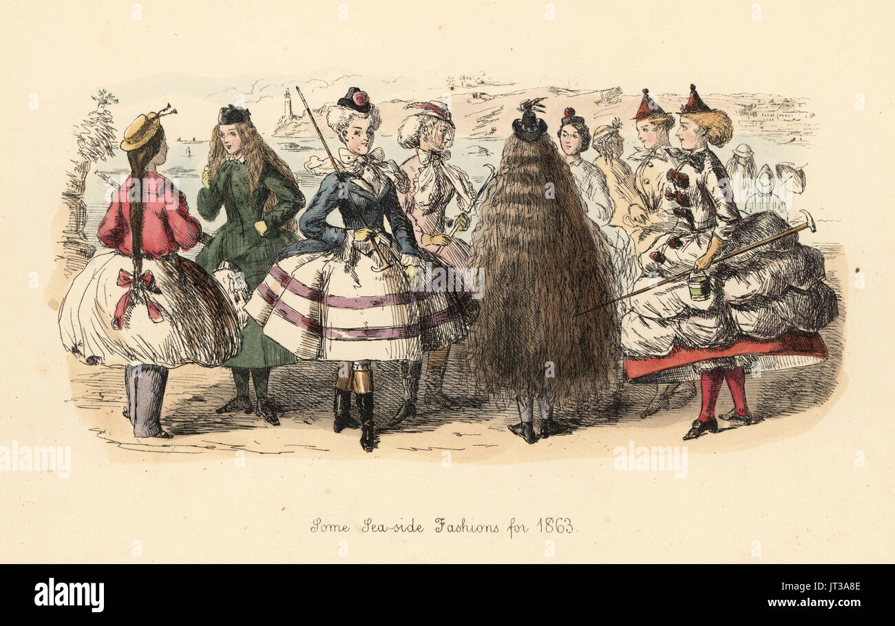 Algunos Sea-Side Moda para 1863. Victorian Ladies en hooped faldas cortas y  diminutas capots, vistiendo botas de montar, panes y zapatos, sosteniendo  el bastón. Handcolored grabado por John Leech de locuras del