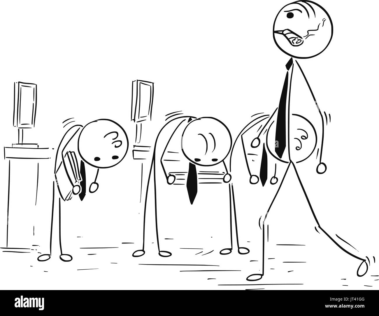 Ilustración vectorial de dibujos animados stick hombre enojado en manager o jefe caminando con gran cigarro empleados subordinados y reverencia Ilustración del Vector