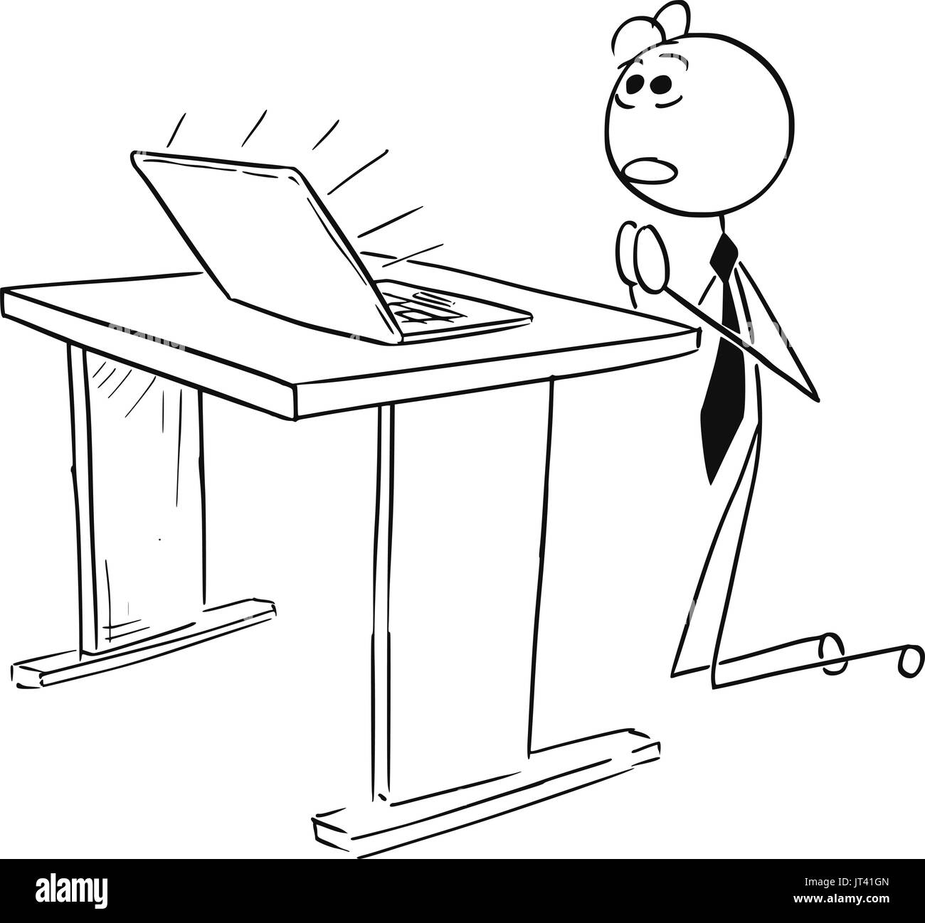 Ilustración vectorial de dibujos animados stick man del empresario arrodillado y rezando en frente de la computadora portátil, idea conceptual de los negocios en línea. Ilustración del Vector