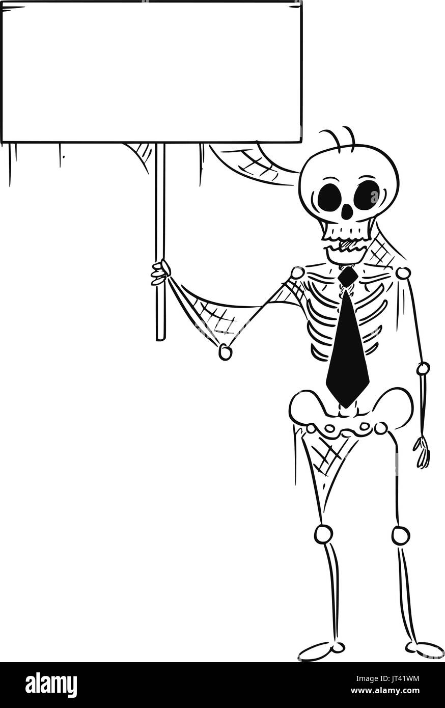 Cartoon ilustración del esqueleto humano del empresario muerto, oficinista, vendedor o gestor mantiene signo vacío. Ilustración del Vector