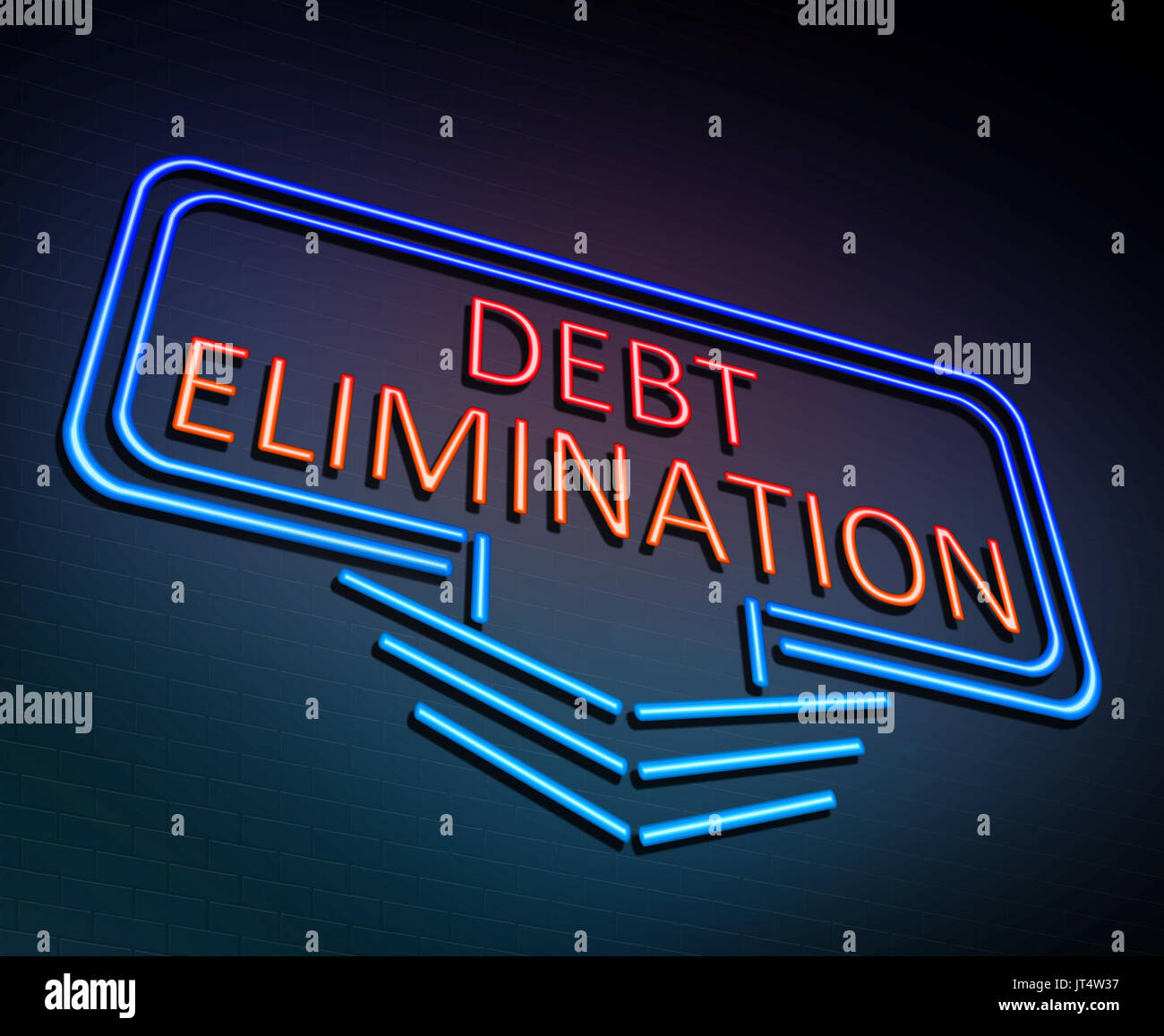 Ilustración 3D mostrando un cartel de neón iluminado con un concepto de eliminación de deudas. Foto de stock