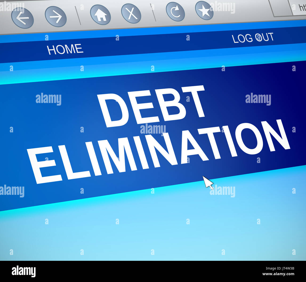 Ilustración 3D mostrando una captura de pantalla de ordenador con un concepto de eliminación de deudas. Foto de stock