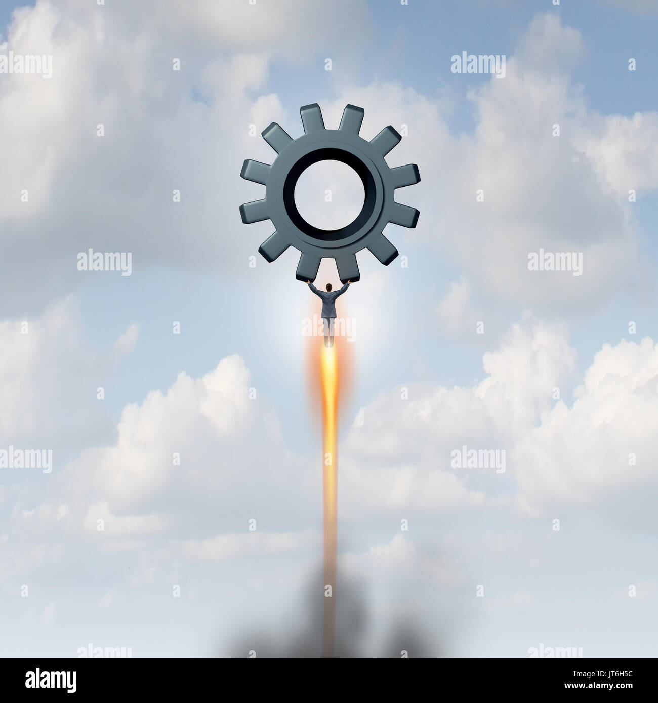Servicio rápido de negocios como empresario volando hacia arriba como un cohete en representación eficiente gestión cloud corporativa financiera o asistencia. Foto de stock