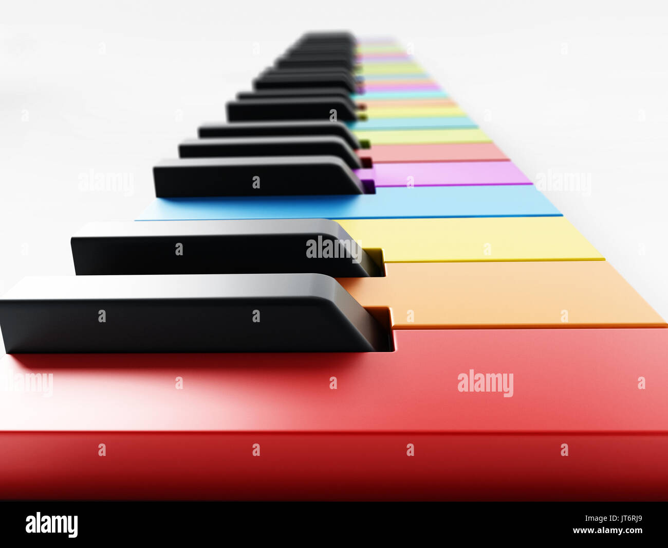 Teclas del piano de varios colores de fondo. Ilustración 3D. Foto de stock