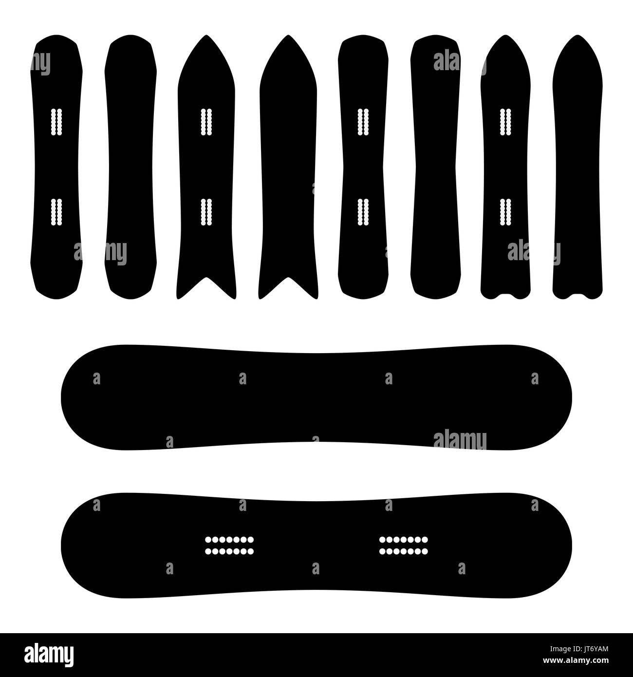 Snowboard iconos en Vector. Blanco y Negro. Diferentes tipos. Snowboard Símbolos, signo aislado. Ilustración del Vector