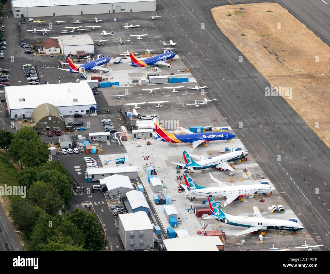Vista aérea de los aviones Boeing 737 en construcción en Renton fábrica, Estado de Washington, EE.UU. Foto de stock