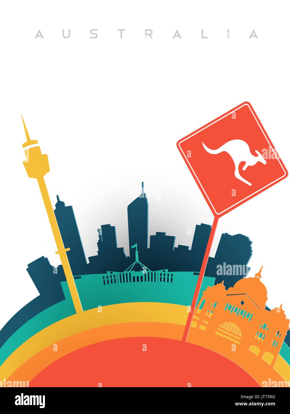 Viajar Australia ilustración en 3D estilo de corte de papel, hitos del mundo de Australia. Incluye Sydney Tower, signo de canguro, estación de tren de Melbourne. EPS1 Ilustración del Vector