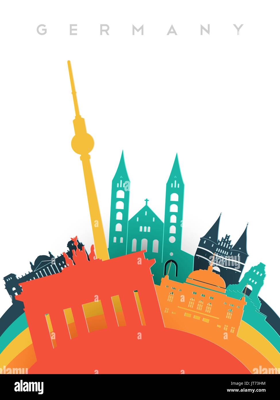 Alemania viajes ilustración en 3D estilo de corte de papel, el mundo alemán monumentos. Incluye torre de Berlín, la puerta de Brandenburgo, monumentos históricos. Vector EPS10. Ilustración del Vector