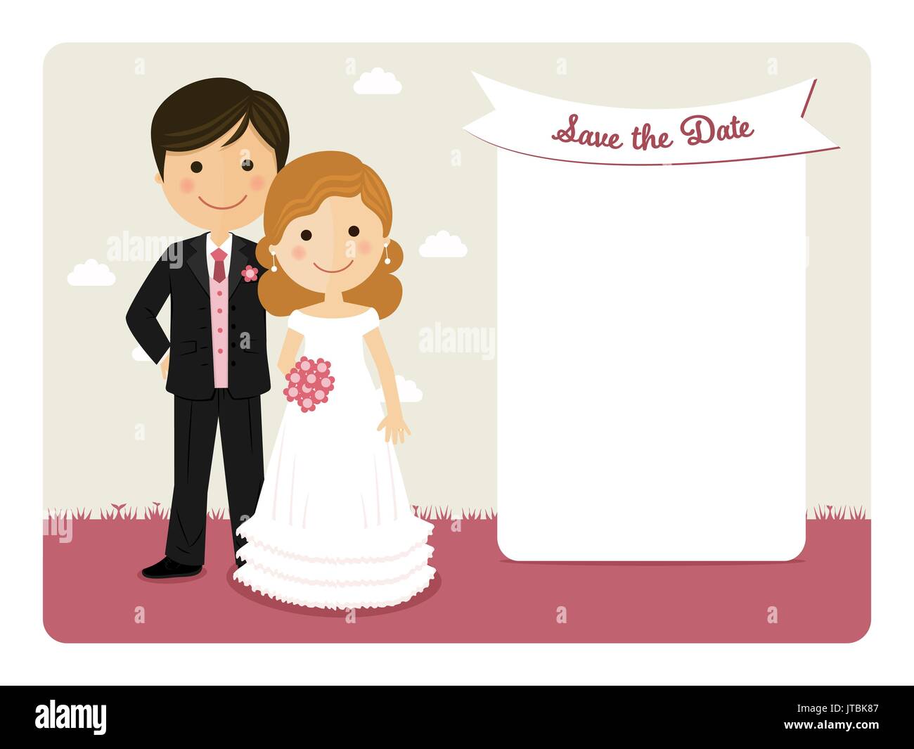 Invitación de boda de dibujos animados con una pareja sonriente Imagen Vector de stock - Alamy Invitación de boda de dibujos animados con una pareja sonriente Imagen Vector de stock - Alamy