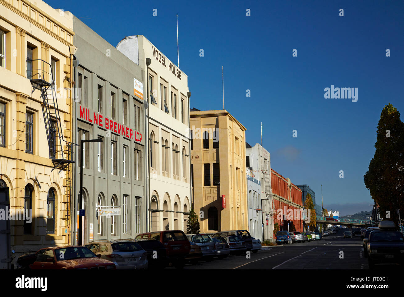 Los edificios históricos, Vogel Street, Dunedin (Isla del Sur, Nueva Zelanda Foto de stock