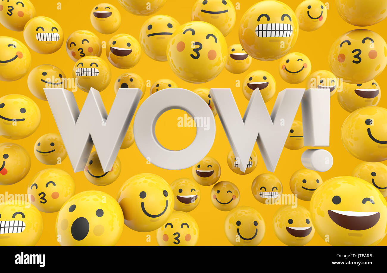 Conjunto de caracteres emoji emoticonos caras con la palabra WOW, 3D