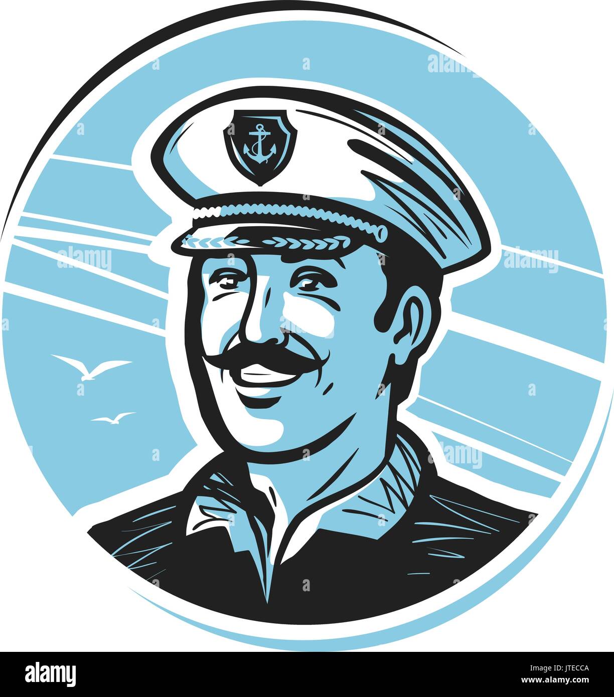 Retrato de feliz sonriente capitán. Marinero, marinero, marinero, logotipo o etiqueta. Ilustración vectorial Ilustración del Vector