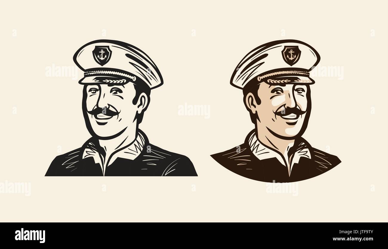 Retrato del capitán sonriendo. Marinero, marinero de boceto. Vintage ilustración vectorial Ilustración del Vector