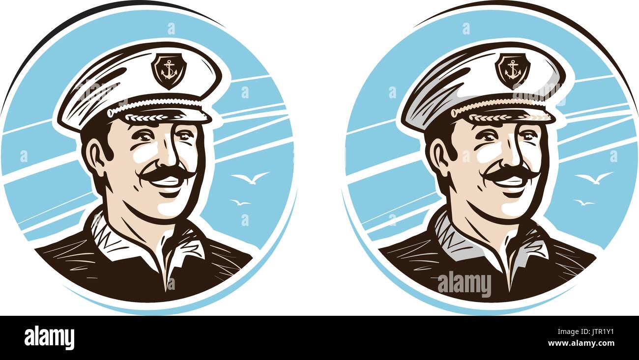 Retrato de feliz capitán, logotipo o etiqueta. Ilustración vectorial de dibujos animados Ilustración del Vector