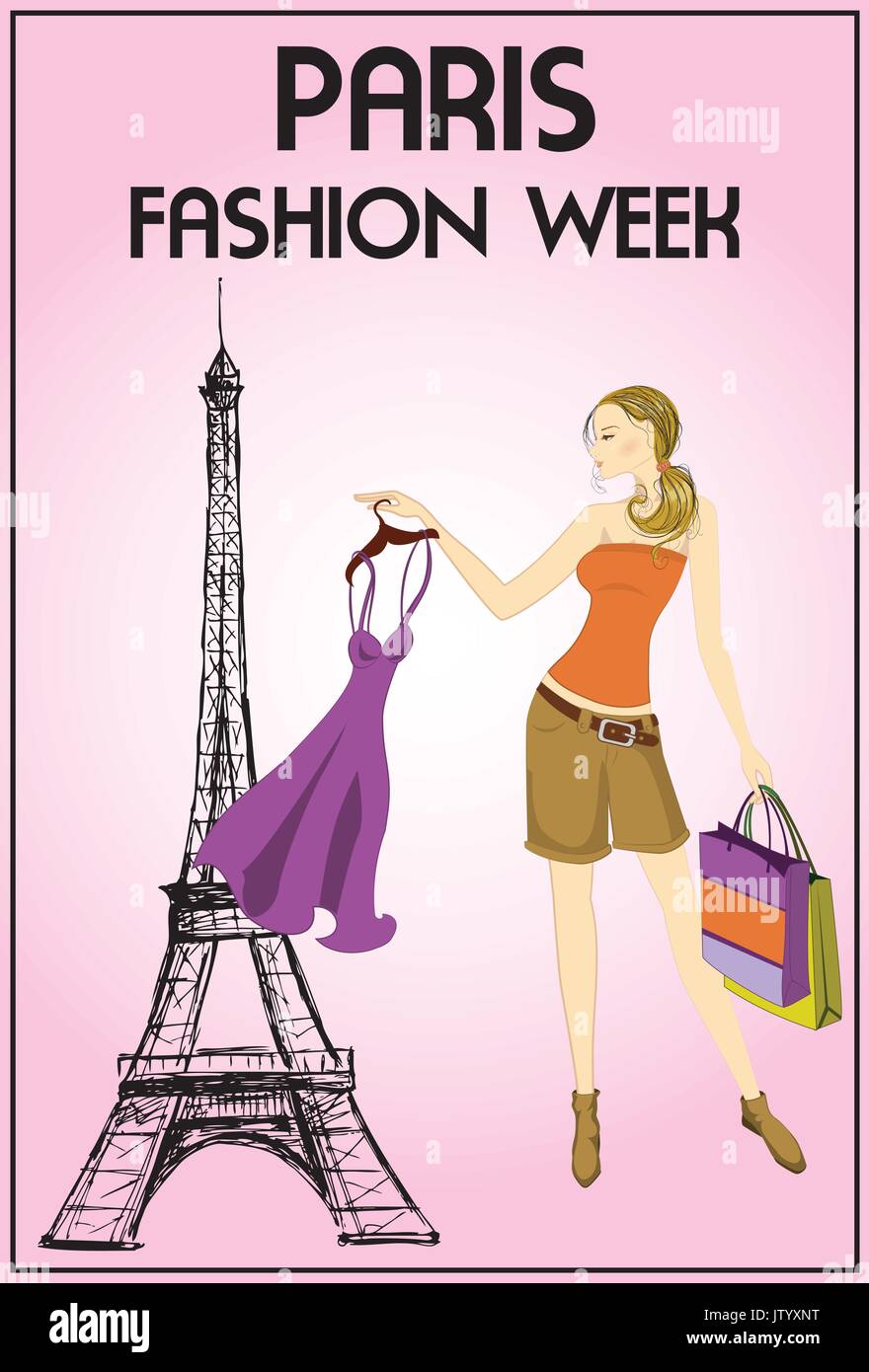 Chica de compras en la Semana de la moda de París, ilustración vectorial Ilustración del Vector