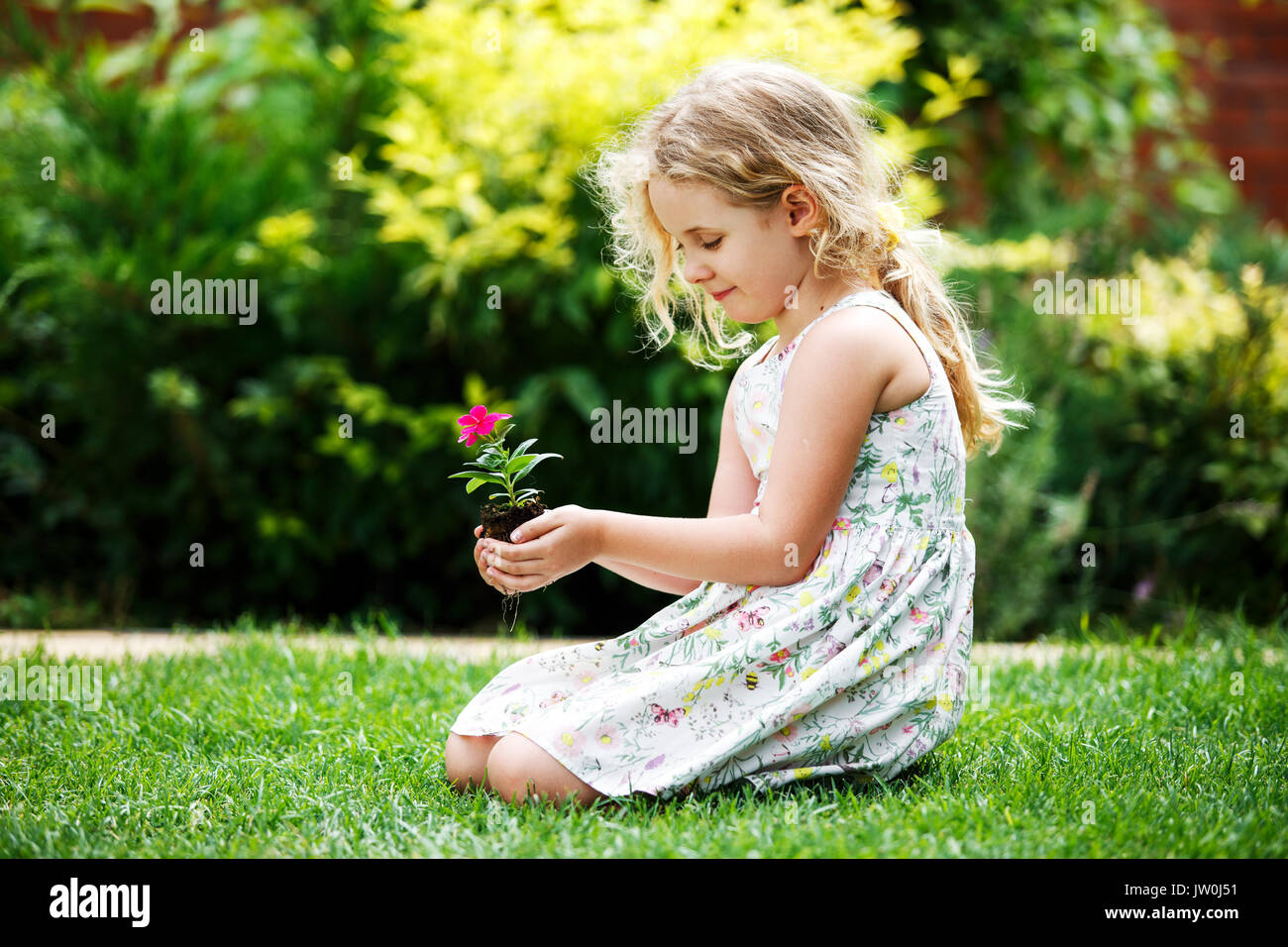 Rubia Chica sujetando flor joven planta en manos sobre fondo verde Foto de stock