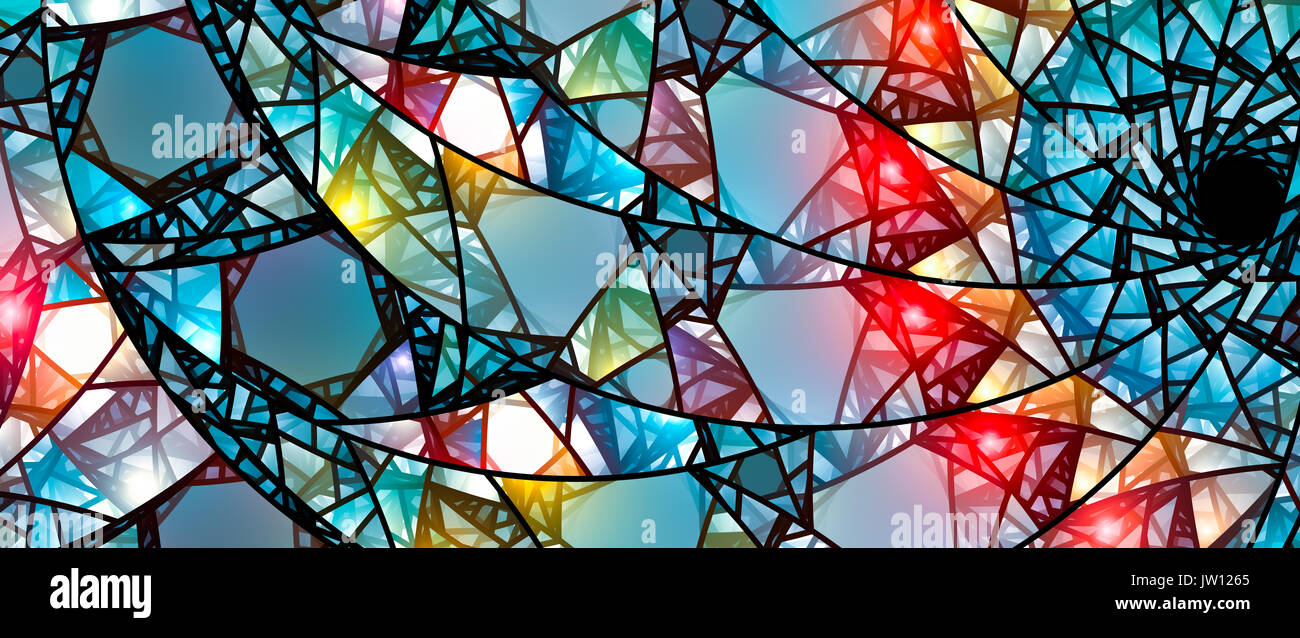 Coloridas vidrieras resplandecientes, resumen antecedentes generados por ordenador, pantalla panorámica de 8k, 3D rendering Foto de stock