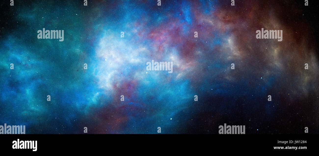 Colorido resplandeciente nebulosa en el espacio profundo, abstracto antecedentes generados por ordenador, pantalla panorámica de 8k, 3D rendering Foto de stock
