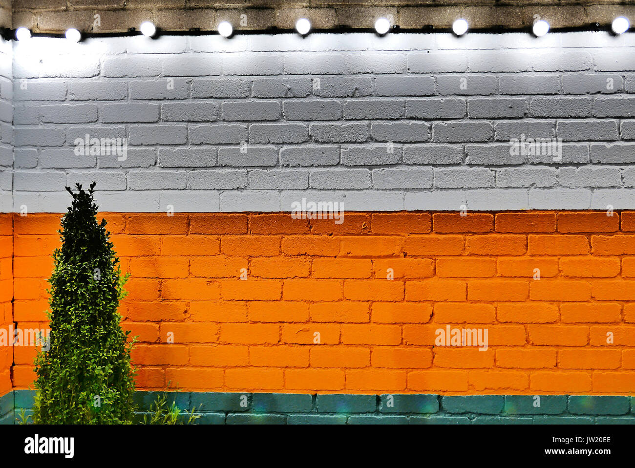 Arbusto pequeño contra la pared de ladrillo con el blanco, naranja y verde de franjas horizontales y cadena de luces encima Foto de stock