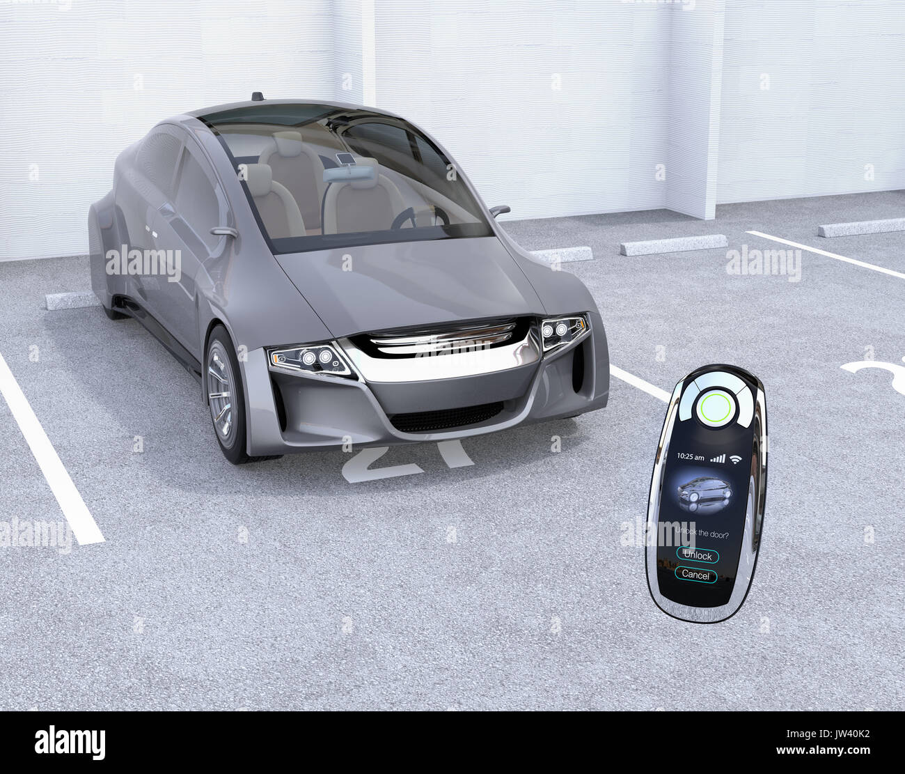 Smart Car Key Y El Coche Electrico En El Estacionamiento Representacion 3d Imagen Fotografia De Stock Alamy