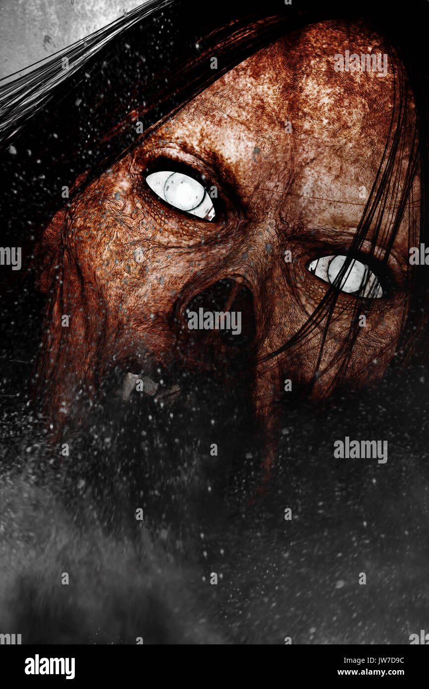 Ilustración 3d de cerrar aterradora mujer fantasma,el horror de fondo de medios mixtos Foto de stock
