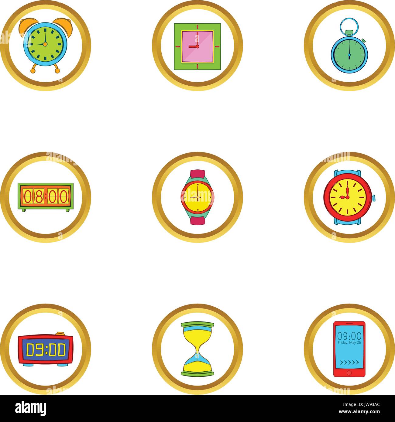 Los tipos de iconos de reloj estilo de dibujos animados Imagen