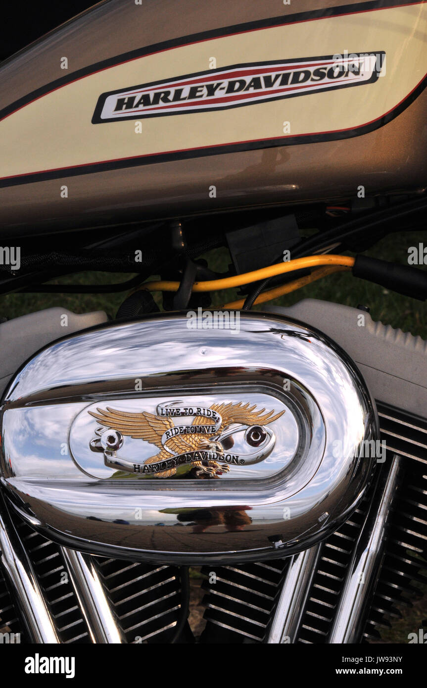 Un tanque de gasolina de motocicleta Harley Davidson y cromo cubiertas del motor. Foto de stock