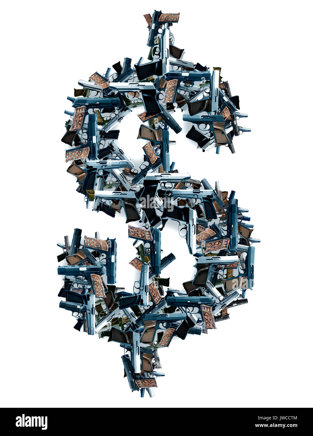 Imagen conceptual del signo de dólar con pistolas sobre blanco Foto de stock