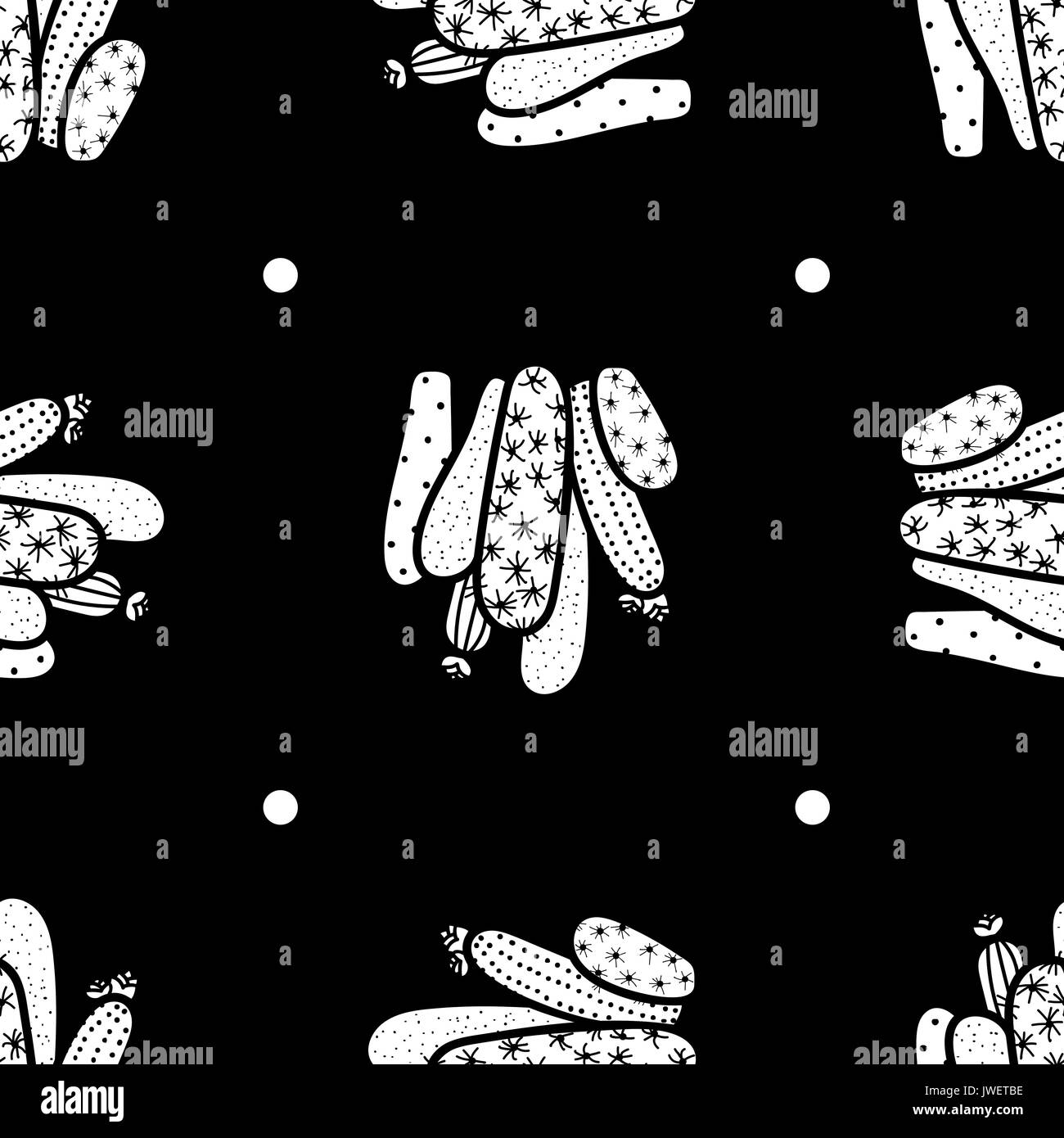 6 estilos de cactus en estilo plano blanco sobre fondo negro. dibujados a mano. estilo de trama perfecta ilustración vectorial. Ilustración del Vector
