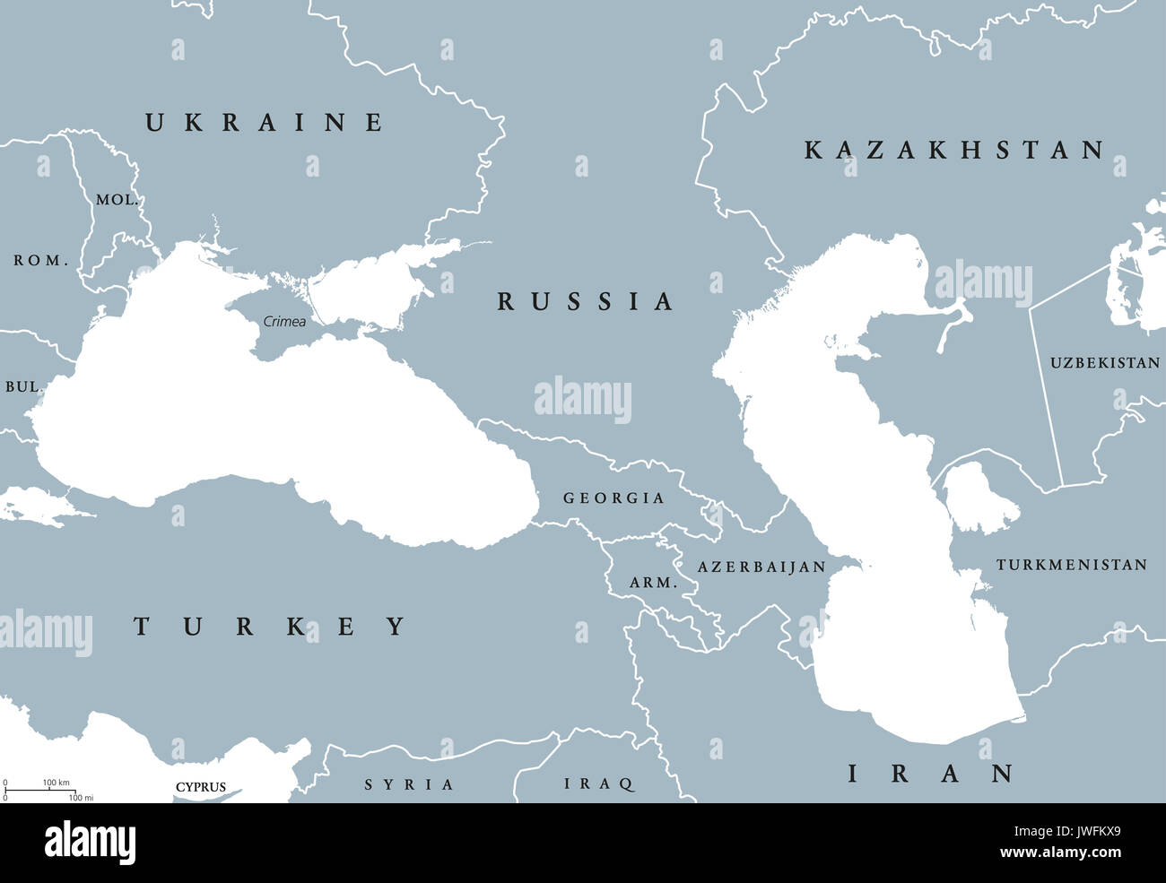 El Mar Negro y el Mar Caspio región mapa político con los países, fronteras y rótulos en Inglés. Cuerpos de agua entre los países de Europa oriental y Asia occidental. Foto de stock