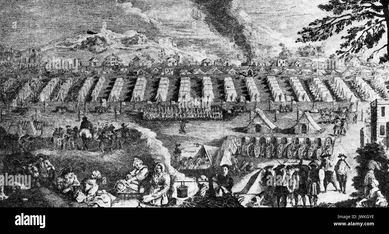 Una escena antes de la batalla de Culloden (Escocia, 1746) que muestra el campamento de soldados y mujeres seguidores Foto de stock