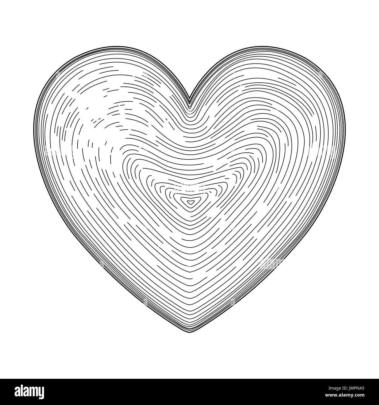Dibujado a mano el símbolo del corazón como la impresión de huellas dactilares. Elemento de diseño para el día de San Valentín. Arte lineal negro del tatuaje hermoso lindo elegancia decorativa y de Ilustración del Vector