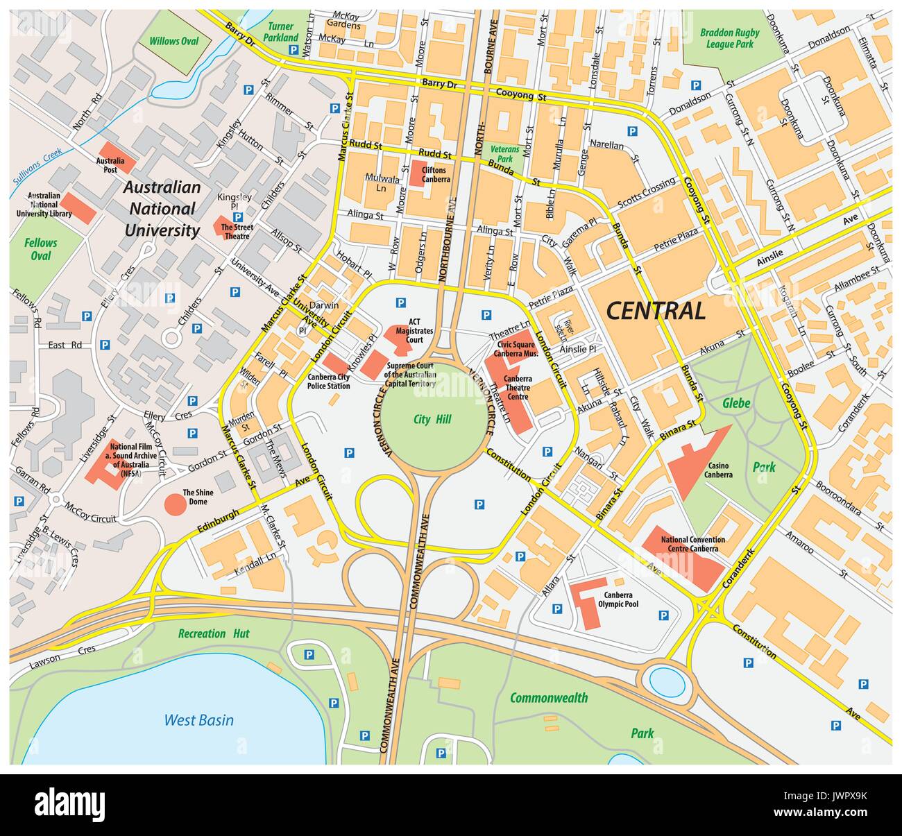 Mapa de vectores del centro de Canberra, Australia Ilustración del Vector