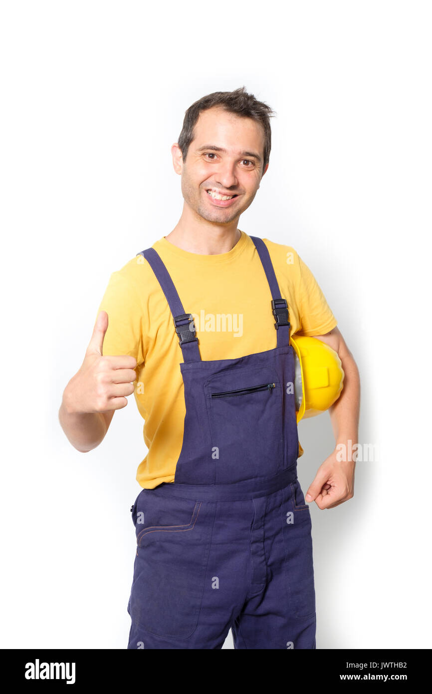 Trabajador mecánico pulgar arriba gesto aislado sobre fondo blanco