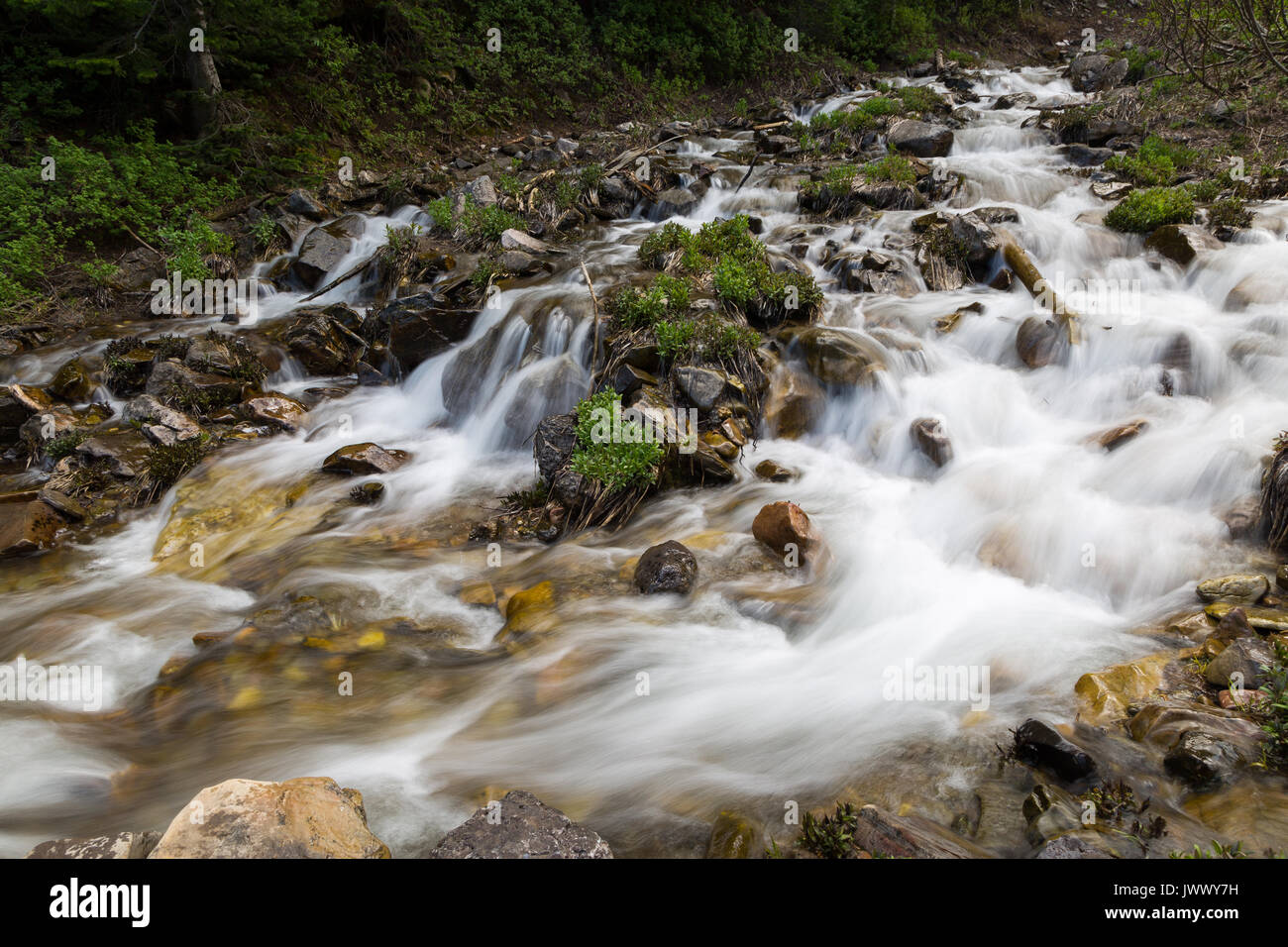 Una cascada de agua vertiendo sobre rocas como el derretimiento de la nieve de la Phillips pasar área alimenta a través de la Teton Mountains. Bosque Nacional Bridger-Teton, Foto de stock